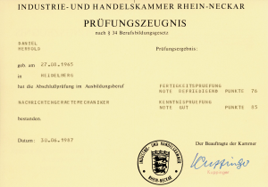 IHK Prüfungszeugnis zum Nachrichtengerätemechaniker